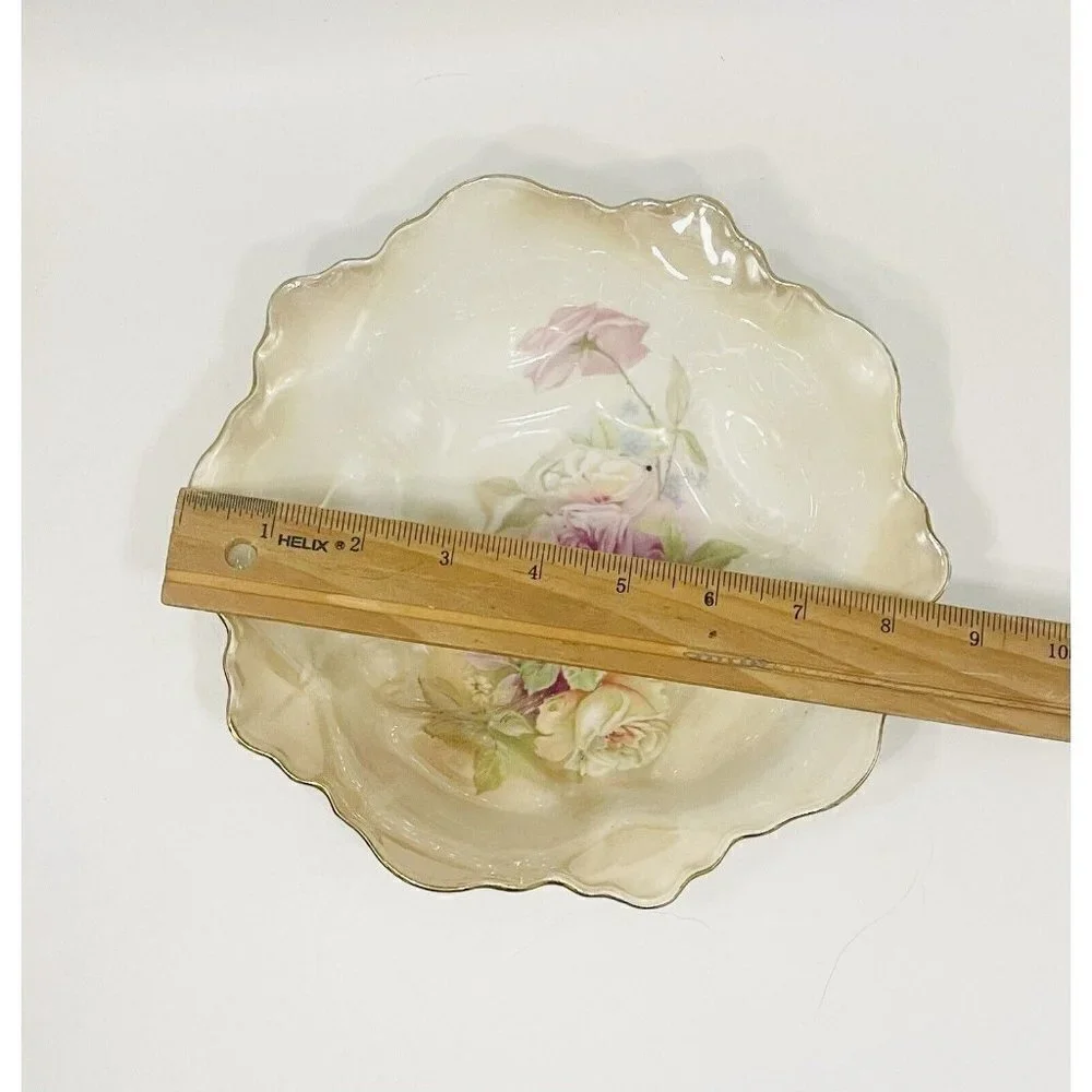 Vintage RS Germany Floral Bowl 9” Roses Enamel Handpainted Scalloped Gold Trim